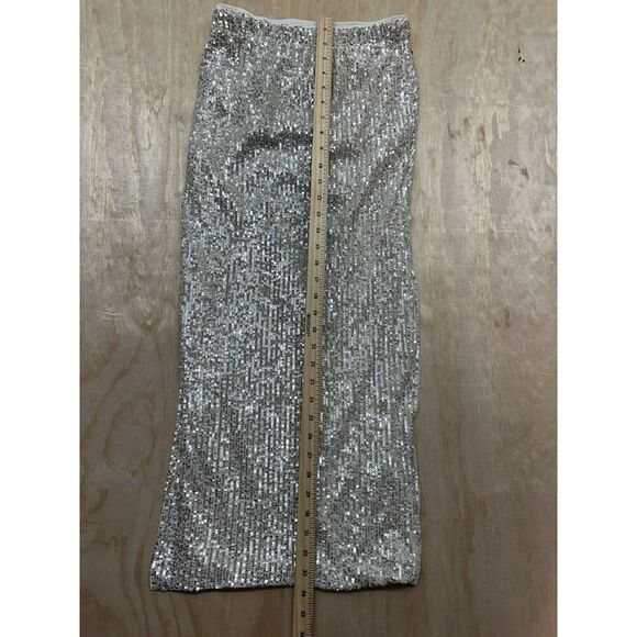 WILDFOX sequin ruched side slit midi skirt Gold Sz S Lined Pull on Elastic Waist - Picture 6 of 6